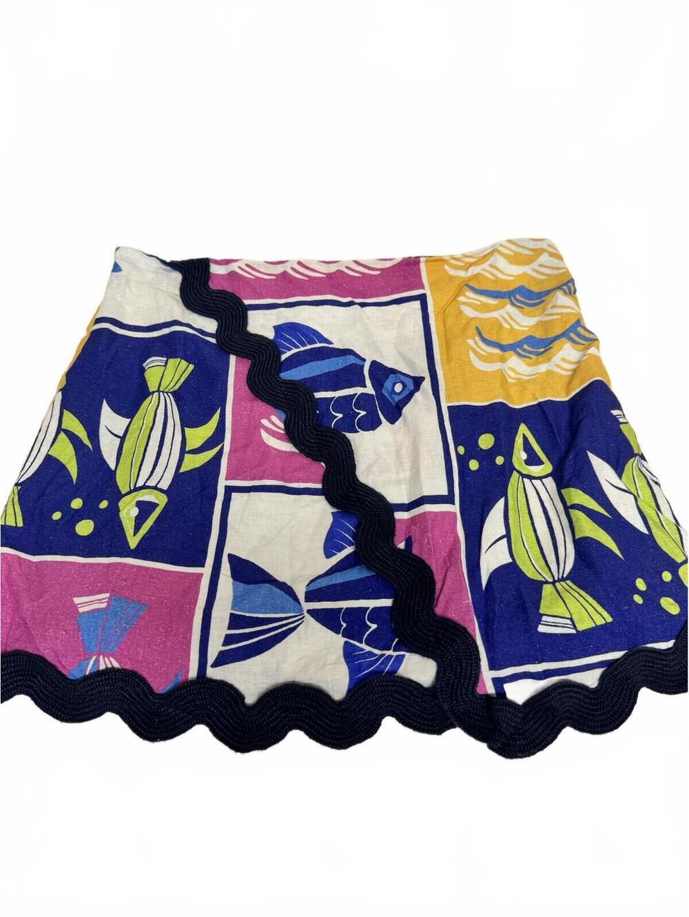 NWT Anthropologie Celandine Linen-Blend Rickrack Fish Print Mini Skirt - Size Lg
